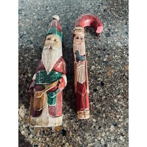 Hand Carved Wooden Christmas Set Santa & Santa Candy Cane